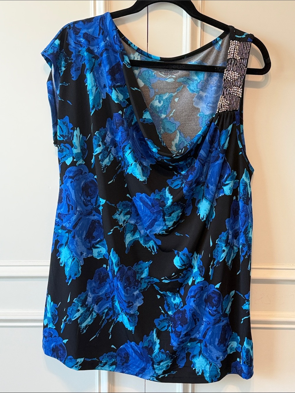 Lane Bryant Blue Floral Beaded-Shoulder Cowl Neck Blouse